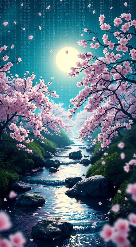 春夜月下樱花溪流