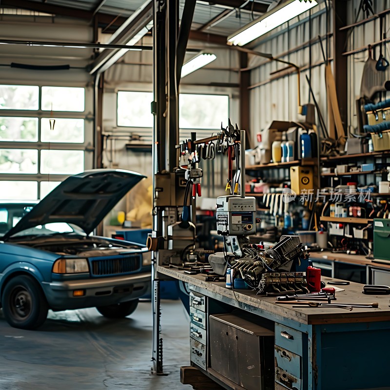 机械车间里的蓝色汽车和工具台
