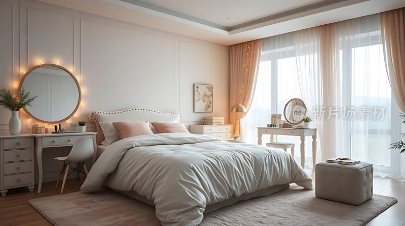 温馨卧室舒适床铺优雅梳妆台自然光线洒满房间