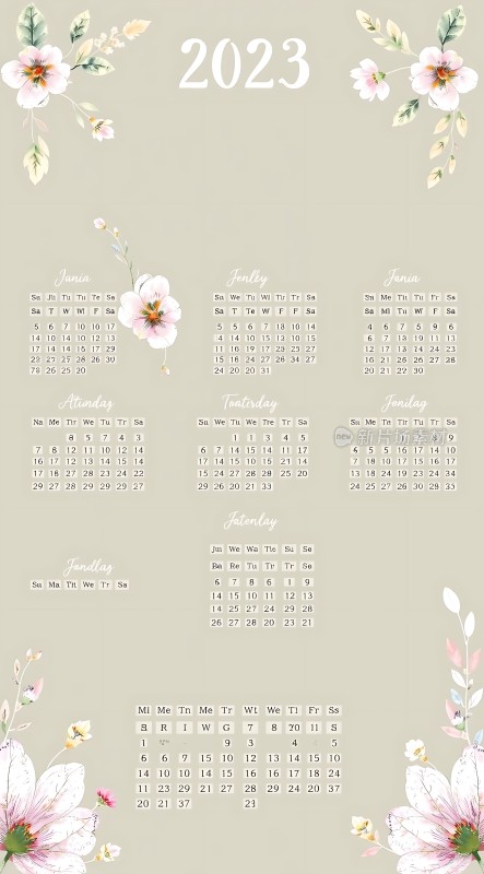 2023年日历花卉图案装饰清新自然