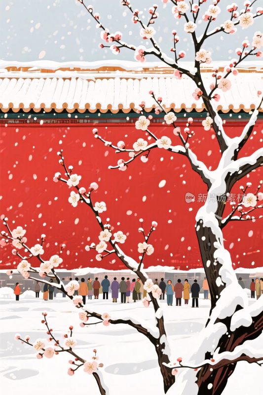 冬季古建筑雪景插画