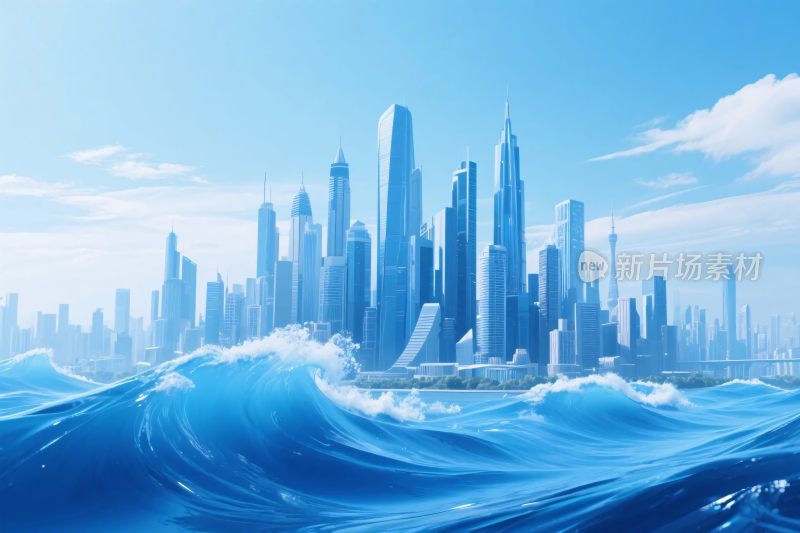 城市海浪场景插画