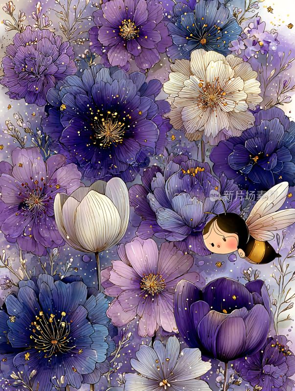 梦幻花丛中的小蜜蜂插画
