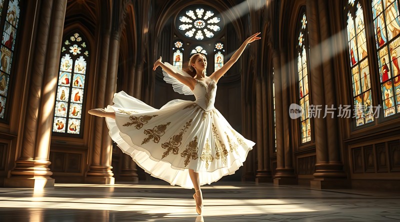 芭蕾舞者优雅旋转教堂光影交织