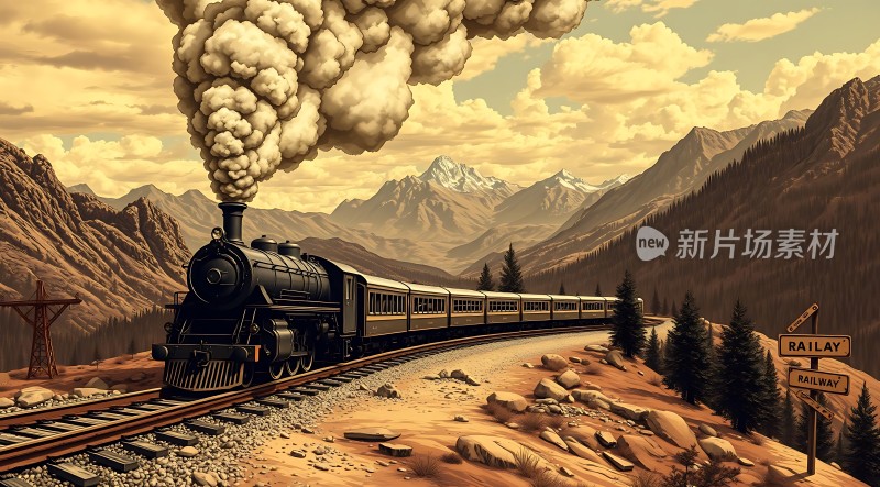 蒸汽火车穿越山间铁路