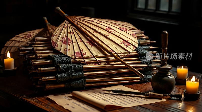 古风油纸伞烛光书写时光