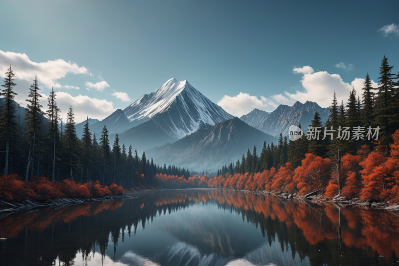 山和树倒映在前景的湖泊中高清风景插画图片