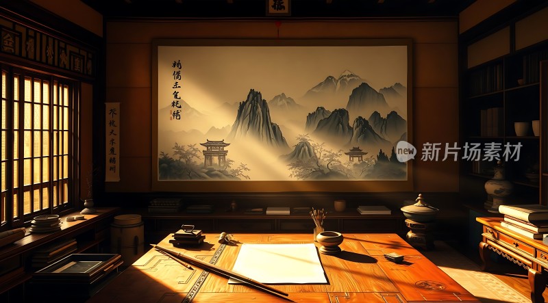 古风书房墨香四溢山水画中觅宁静
