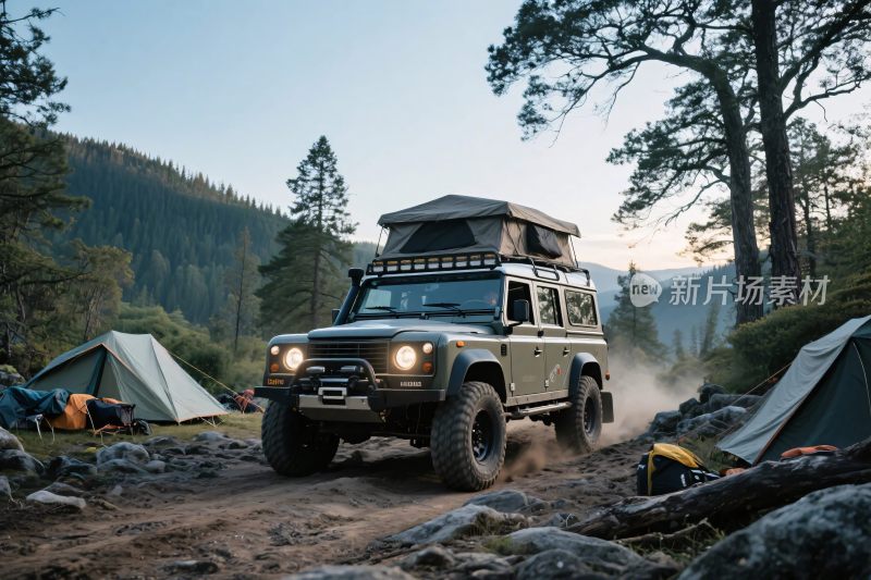 越野车森林露营场景