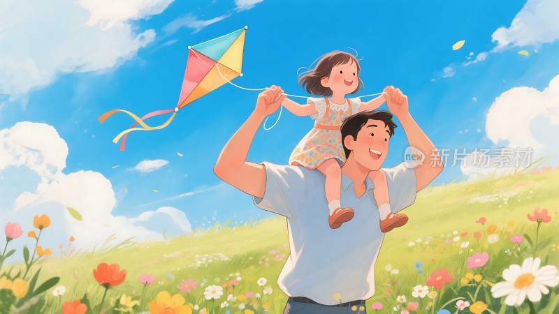 父女共度欢乐时光蓝天白云下放风筝