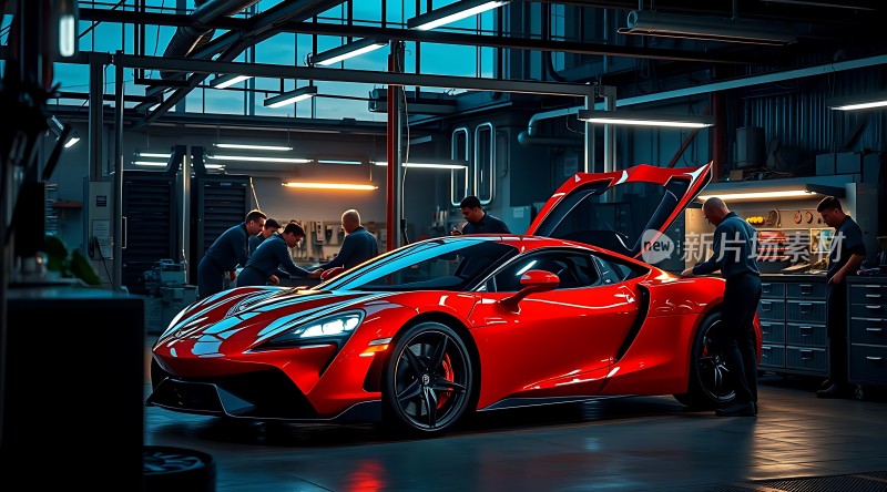 红色跑车车间内展示