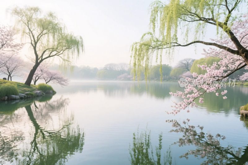 春日湖景倒影图