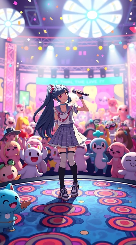 舞台上的少女与卡通角色共舞