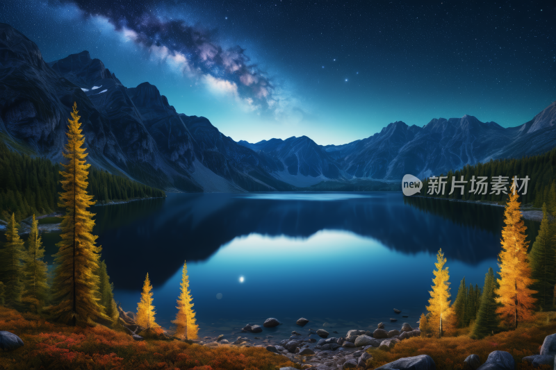 星夜笼罩着松树和山脉的湖泊高清图片