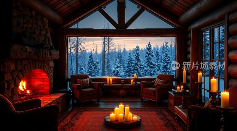 冬日暖炉烛光森林小屋
