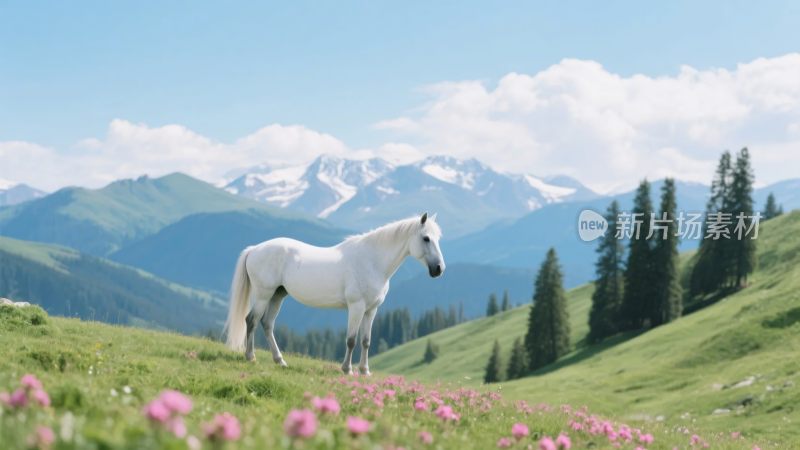 草原上的白马与远山美景