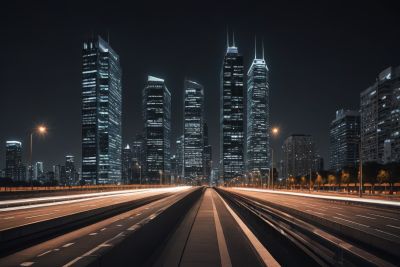 夜景城市有高速公路和火车高清图片