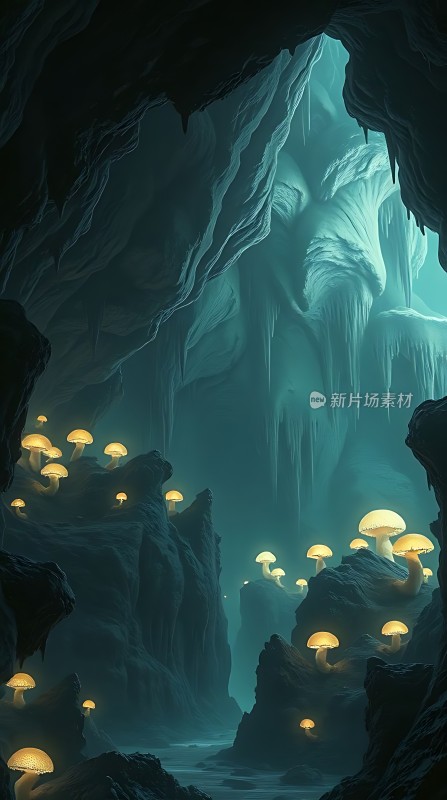 神秘洞穴中的发光蘑菇