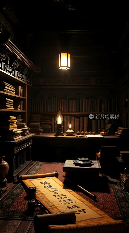 古风书房昏黄灯光下的书卷与笔墨