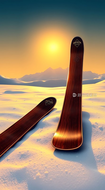 雪地上的木质滑雪板