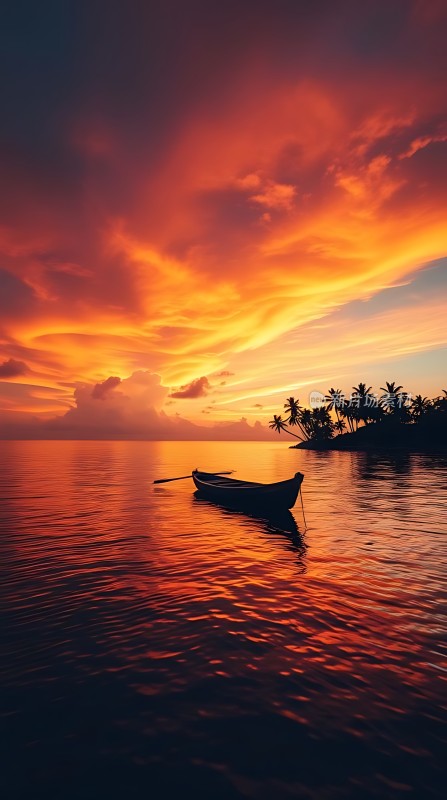 日落孤舟椰林晚霞映水