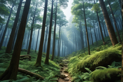 树林里一条小路有很多绿色植物风景风光图片