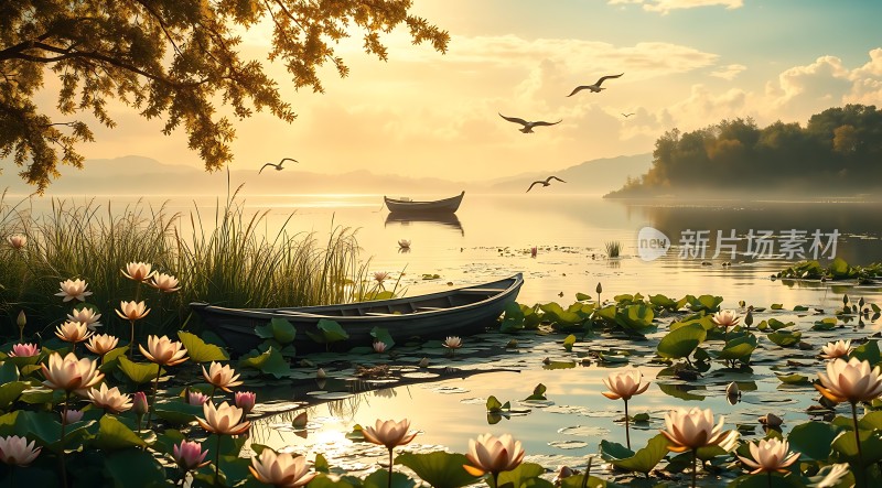 湖畔晨光荷花轻舟