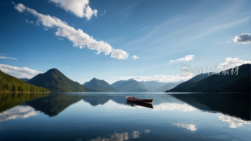 一艘船漂浮在平静的湖水中高清风景图片