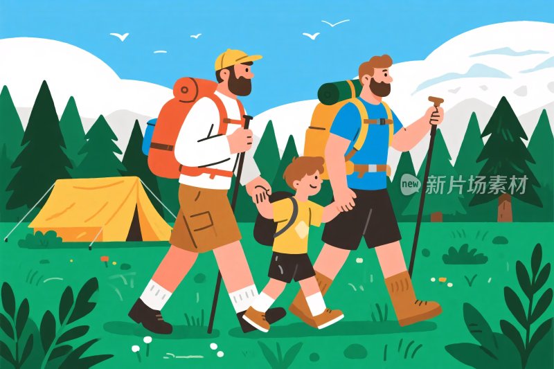 父子三人户外徒步场景