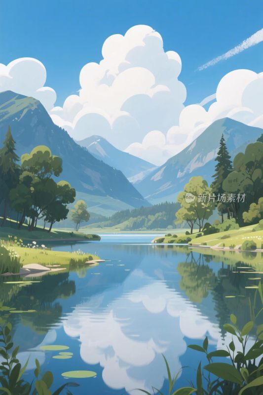 山水湖景风景插画