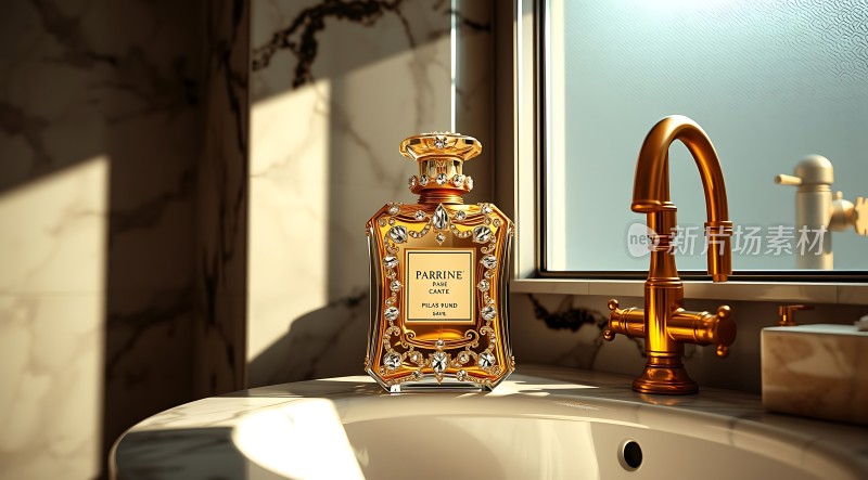 金色香水瓶与奢华洗手台