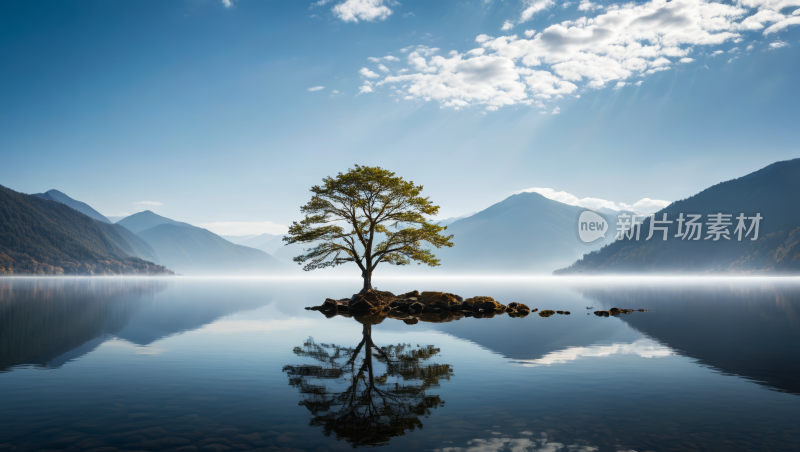 湖泊中一棵树高清风景风光图片