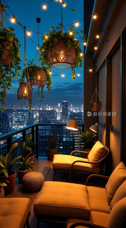 城市夜景下的温馨阳台休闲时光