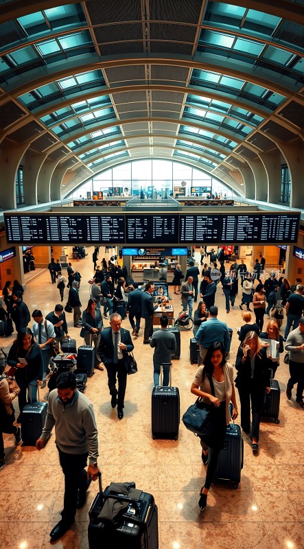 机场候机大厅旅客们拖着行李箱忙碌穿梭