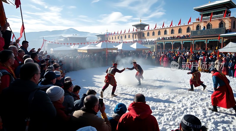 雪地上的传统节日庆典观众围观表演者