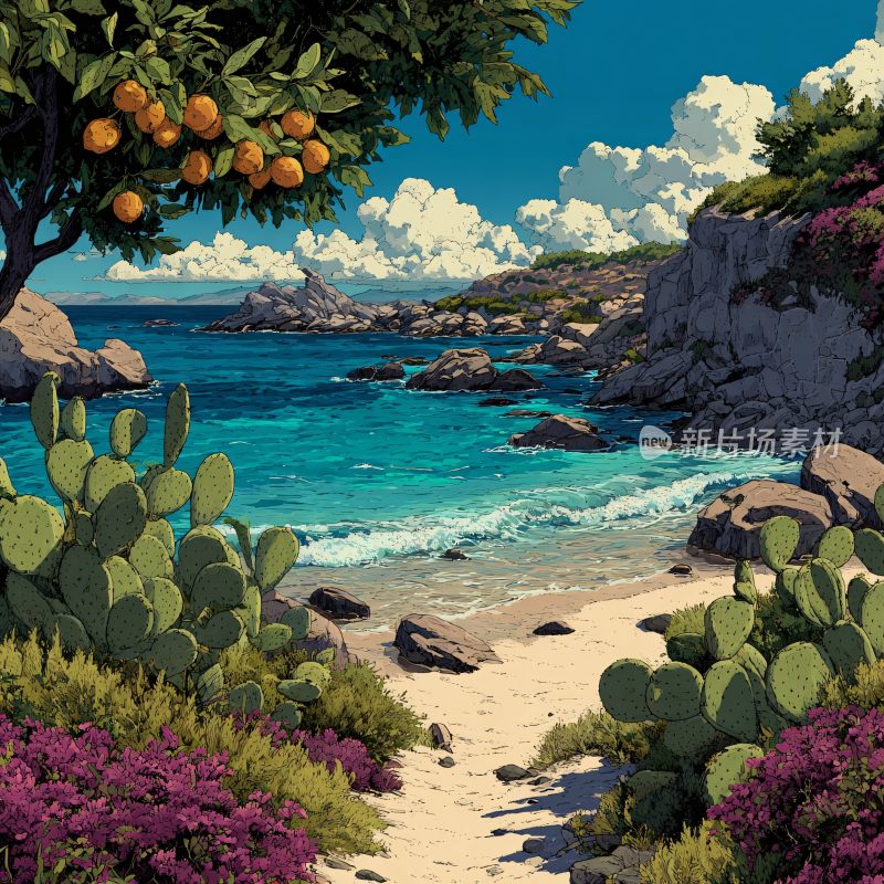 海边仙人掌与橘子树风景插画