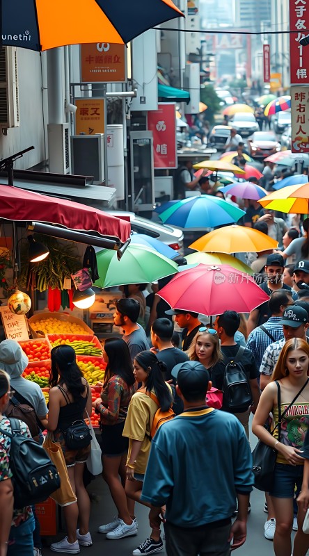 繁华街头色彩缤纷伞下熙攘人群热闹市场一瞥