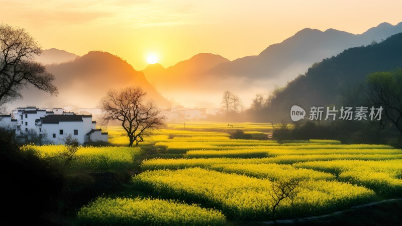 油菜花海中的古村落 油菜花