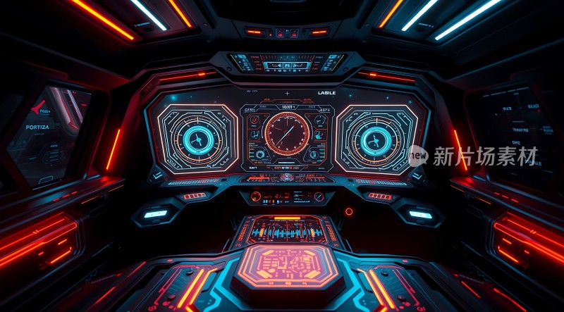 未来科技驾驶舱红蓝灯光下的神秘控制台