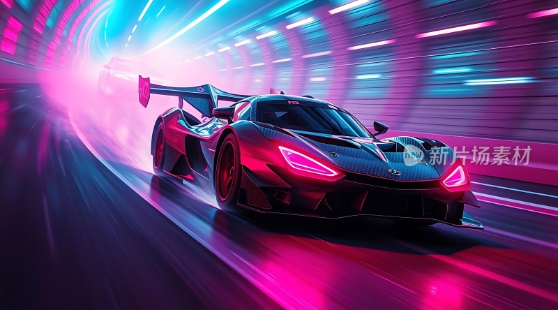 赛博朋克风格赛车疾驰在霓虹灯光隧道中