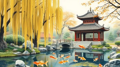 秋日古亭映水间金鲤戏波柳垂岸