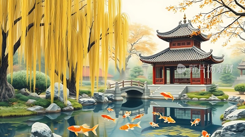 秋日古亭映水间金鲤戏波柳垂岸