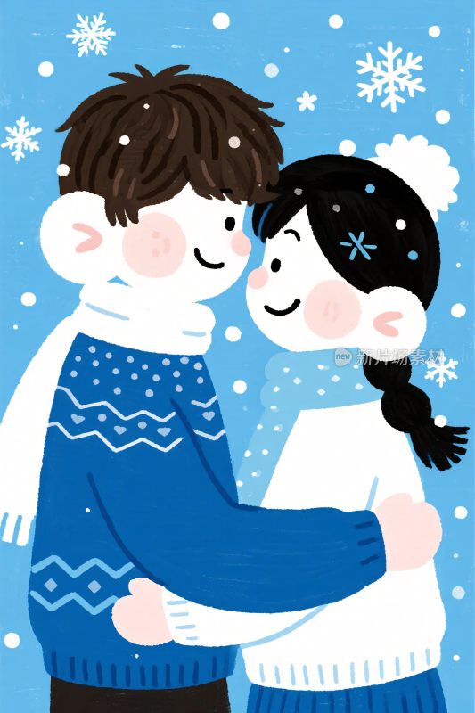 冬日牵手儿童插画