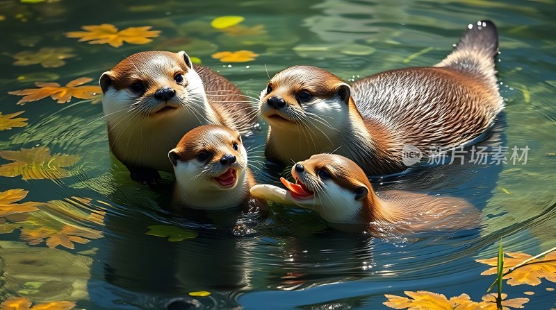 水边三只可爱小动物嬉戏玩耍