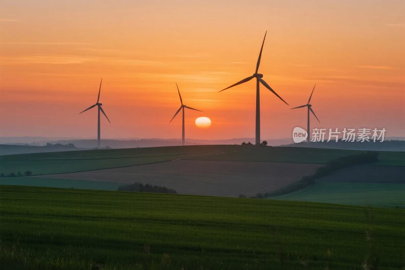 夕阳风车自然景观