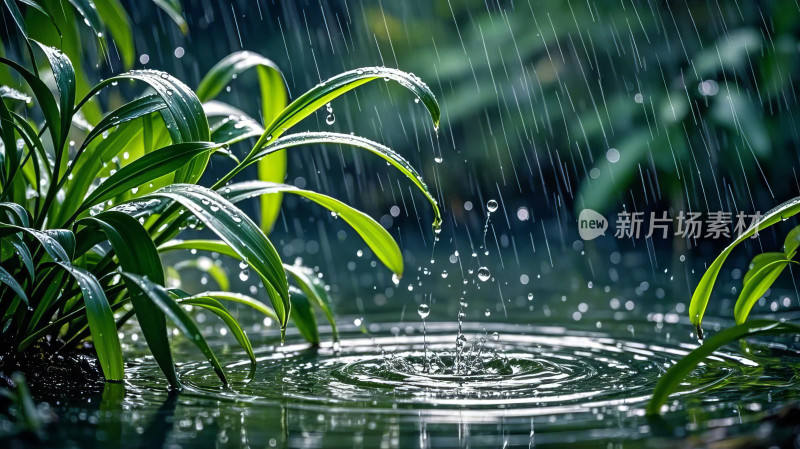 雨滴滴落水中涟漪特写水花环境自然背景素材