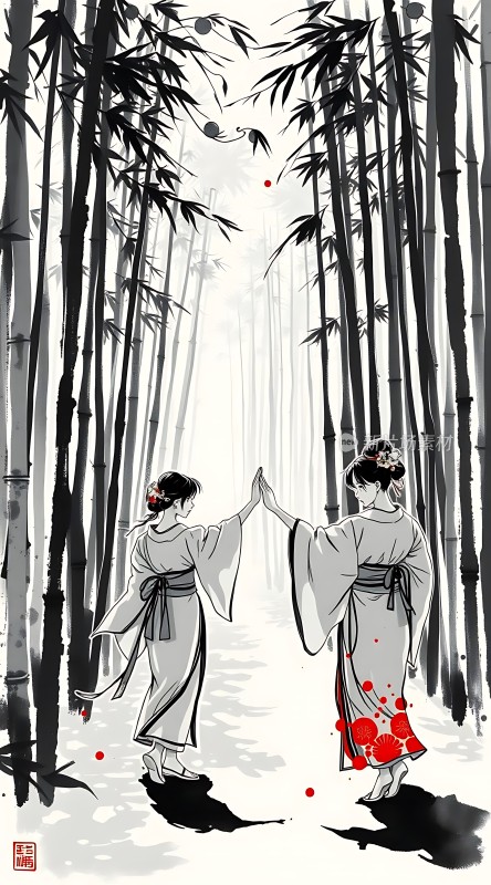 竹影婆娑间红裙佳人共舞