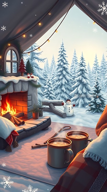 冬日暖炉旁雪景中温馨小屋