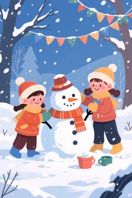 雪地堆雪人卡通场景 雪地堆雪人卡通场景