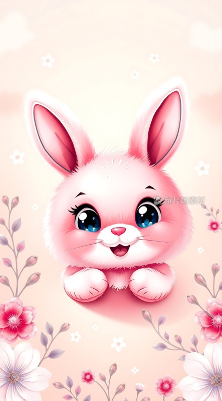 粉红兔子花丛中